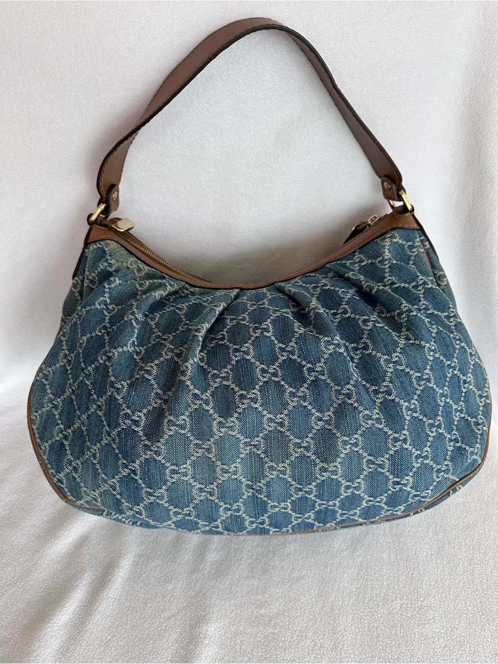 Gucci Blue Denim Monogram Shoulder Bag with Brown Leather Trim - Picture 4 of 9